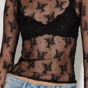 Sheer Lace Long Sleeve Top - Black